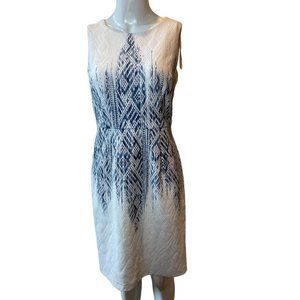 Chetta B Womens Abstract Print Sheath Dress Sleeveless Back Zip White Navy Sz 2